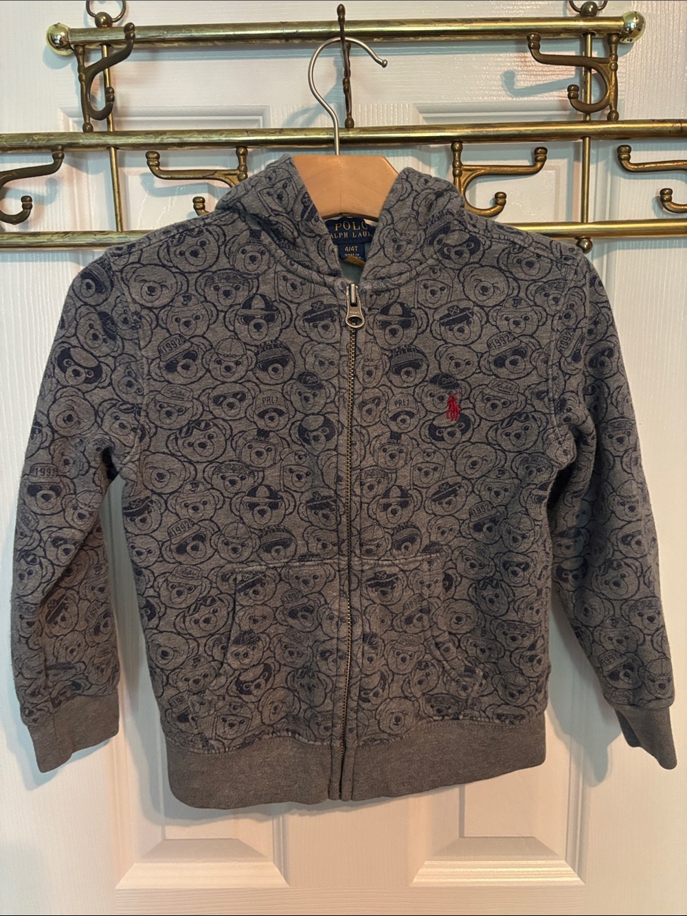 Polo by Ralph Lauren Gray Bear-Print Zip Hoodie with Red Pony